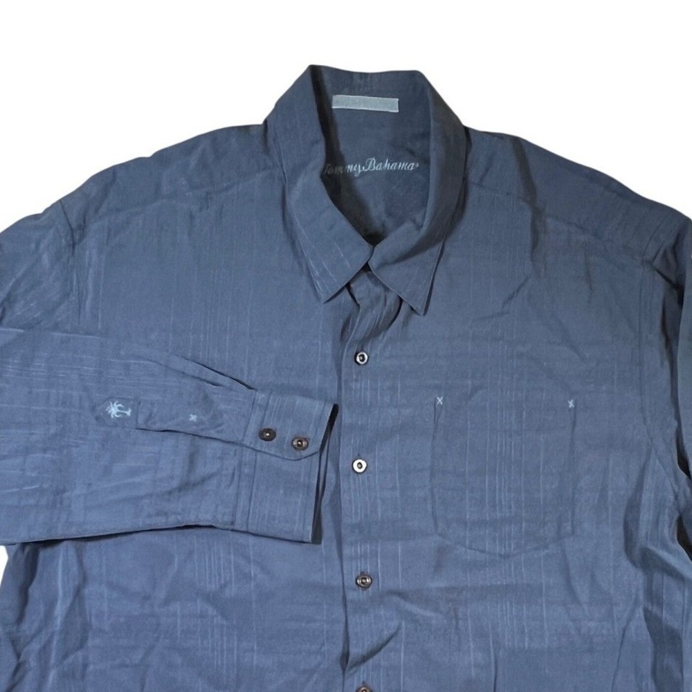 Tommy Bahama 100% Silk Long Sleeve Button Down Mens XXL Blue Textured Grid